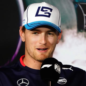 May 2, 2024; Miami Gardens, Florida, USA;  Williams driver Logan Sargeant (2) addresses the media in advance of the Miami Grand Prix at the Miami International Autodrome. Mandatory Credit: John David Mercer-USA TODAY Sports