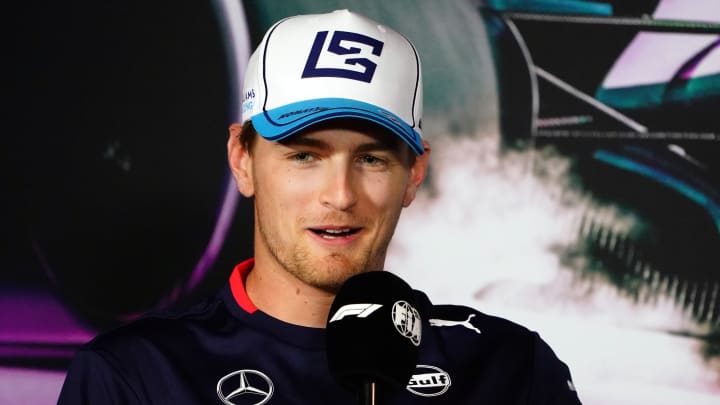 May 2, 2024; Miami Gardens, Florida, USA;  Williams driver Logan Sargeant (2) addresses the media in advance of the Miami Grand Prix at the Miami International Autodrome. Mandatory Credit: John David Mercer-USA TODAY Sports