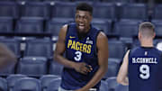  Indiana Pacers center Thomas Bryant is all smiles during NBA Finals Media Day last week. Bryant played for the Hoosiers.