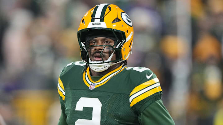 Dec 27, 2025; Green Bay, Wisconsin, USA;  Green Bay Packers quarterback Malik Willis (2) during warmups prior to the game against the Baltimore Ravens at Lambeau Field. Mandatory Credit: Jeff Hanisch-Imagn Images