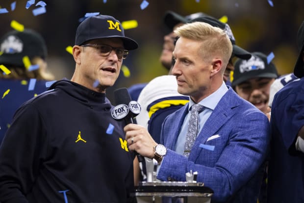 Michigan Wolverines football Jim Habaugh interviewed by Fox Sports' Joel Klatt