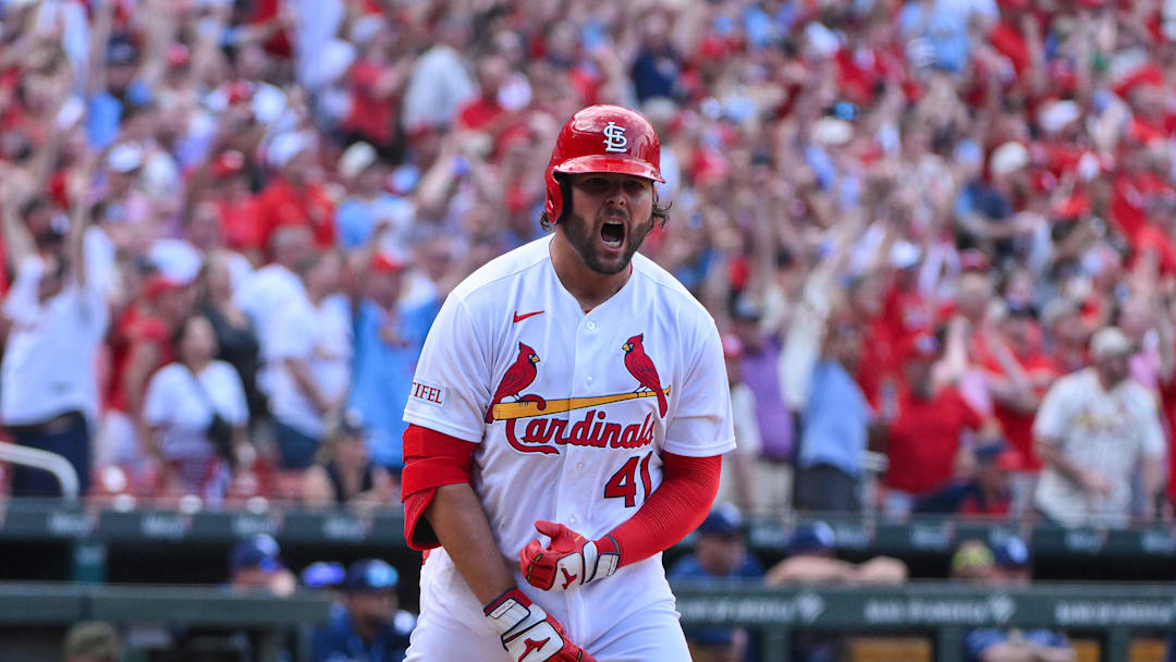 Mar 26, 2026; St. Louis, Missouri, USA; St. Louis Cardinals first baseman Alec Burleson (41) reacts after hitting a go ahead two run home run against the Tampa Bay Rays during the sixth inning at Busch Stadium. Mandatory Credit: Jeff Curry-Imagn Images