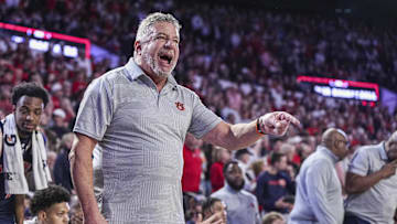 Jan 18, 2025; Athens, Georgia, USA; Auburn Tigers head coach Bruce Pearl reacts on the court against the Georgia Bulldogs at Stegeman Coliseum. Mandatory Credit: Dale Zanine-Imagn Images