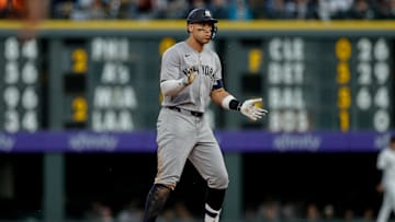 May 25, 2025; Denver, Colorado, USA; New York Yankees right fielder Aaron Judge (99) reacts from second on an RBI double in the fifth inning against the Colorado Rockies at Coors Field. Mandatory Credit: Isaiah J. Downing-Imagn Images