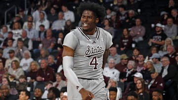 Feb 18, 2025; Starkville, Mississippi, USA; Mississippi State Bulldogs forward Cameron Matthews (4) reacts during the first half against the Texas A&M Aggies at Humphrey Coliseum. Mandatory Credit: Petre Thomas-Imagn Images