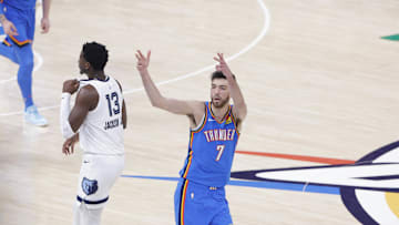 Apr 22, 2025; Oklahoma City, Oklahoma, USA; Oklahoma City Thunder forward Chet Holmgren (7) gestures after scoring a three point basket against the Memphis Grizzlies in the first quarter during game two of first round for the 2024 NBA Playoffs at Paycom Center. Mandatory Credit: Alonzo Adams-Imagn Images