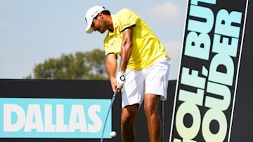 Sep 21, 2024; Carrolton, Texas, USA; Eugenio Chacarra of the Fireball GC plays his shot from the 16th tee during the LIV Golf Dallas Team Championship Semifinals at Maridoe Golf Club. Mandatory Credit: Raymond Carlin III-Imagn Images