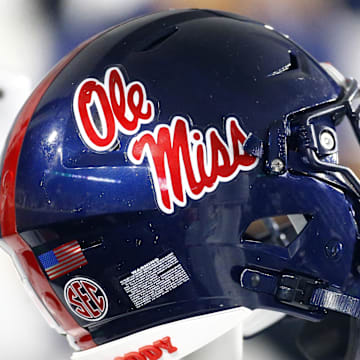 Aug 31, 2024; Oxford, Mississippi, USA; Mississippi Rebels helmet on the sideline during the second half against the Furman Paladins at Vaught-Hemingway Stadium. Mandatory Credit: Petre Thomas-Imagn Images