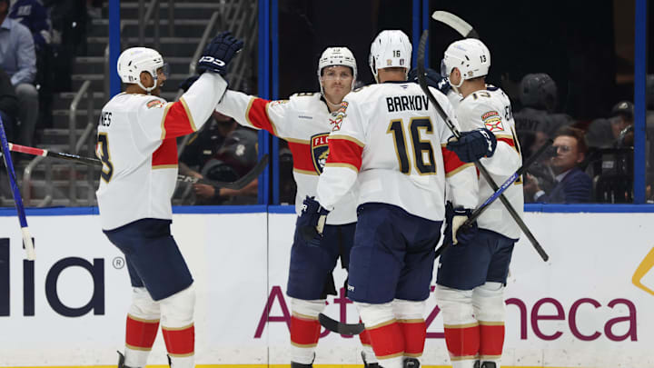 Apr 22, 2025; Tampa, Florida, USA; Florida Panthers left wing Matthew Tkachuk (19) celebrates after he scored a goal against the Tampa Bay Lightning during the second period in game one of the first round of the 2025 Stanley Cup Playoffs at Amalie Arena. Mandatory Credit: Kim Klement Neitzel-Imagn Images