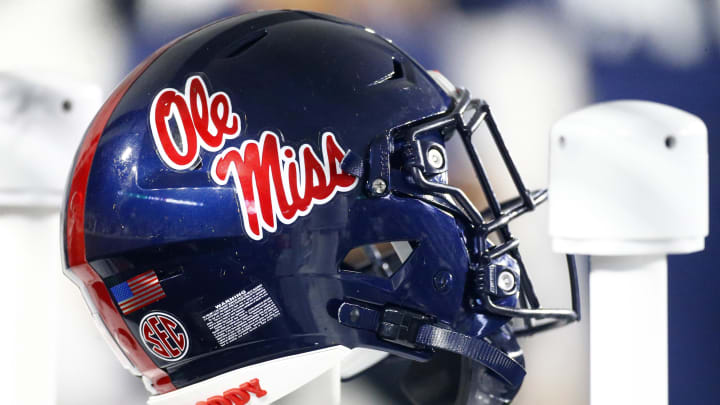 Aug 31, 2024; Oxford, Mississippi, USA; Mississippi Rebels helmet on the sideline during the second half against the Furman Paladins at Vaught-Hemingway Stadium. Mandatory Credit: Petre Thomas-USA TODAY Sports