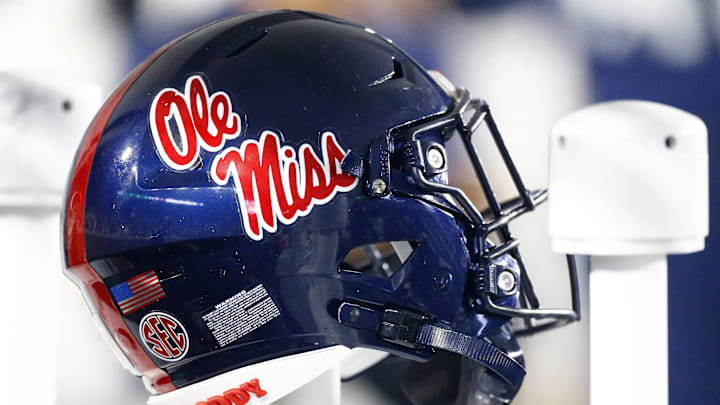 Aug 31, 2024; Oxford, Mississippi, USA; Mississippi Rebels helmet on the sideline during the second half against the Furman Paladins at Vaught-Hemingway Stadium. Mandatory Credit: Petre Thomas-Imagn Images