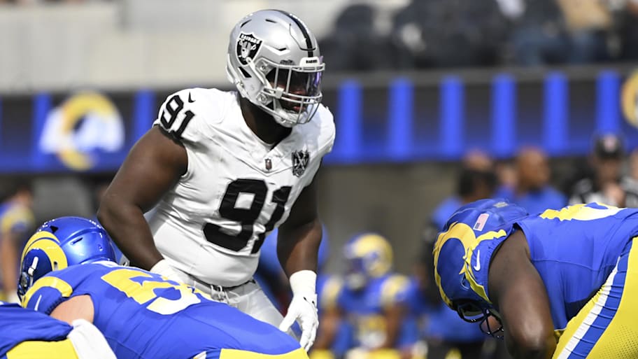 Las Vegas Raiders defensive tackle Matthew Butler (91) during an NFL game against the Los Angeles Rams at SoFi Stadium last season. | Robert Hanashiro-Imagn Images