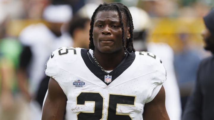 Sep 24, 2023; Green Bay, Wisconsin, USA;  New Orleans Saints running back Kendre Miller (25) during warmups prior to the game against the Green Bay Packers at Lambeau Field. Mandatory Credit: Jeff Hanisch-USA TODAY Sports