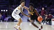 Arizona State Sun Devils guard Joson Sanon (3) dribbles against Kansas State Wildcats guard Max Jones (2) during the first half at Bramlage Coliseum.
