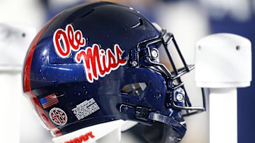 Aug 31, 2024; Oxford, Mississippi, USA; Mississippi Rebels helmet on the sideline during the second half against the Furman Paladins at Vaught-Hemingway Stadium. Mandatory Credit: Petre Thomas-Imagn Images