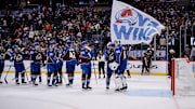 Oct 27, 2024; Denver, Colorado, USA; Colorado Avalanche goaltender Justus Annunen (60) celebrates with teammates after the game against the Ottawa Senators at Ball Arena. Mandatory Credit: Isaiah J. Downing-Imagn Images