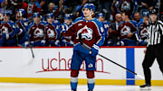 Mar 6, 2025; Denver, Colorado, USA; Colorado Avalanche center Martin Necas (88) reacts after his goal in the second period against the San Jose Sharks at Ball Arena. Mandatory Credit: Isaiah J. Downing-Imagn Images