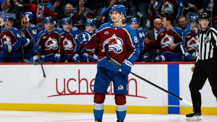 Mar 6, 2025; Denver, Colorado, USA; Colorado Avalanche center Martin Necas (88) reacts after his goal in the second period against the San Jose Sharks at Ball Arena. Mandatory Credit: Isaiah J. Downing-Imagn Images