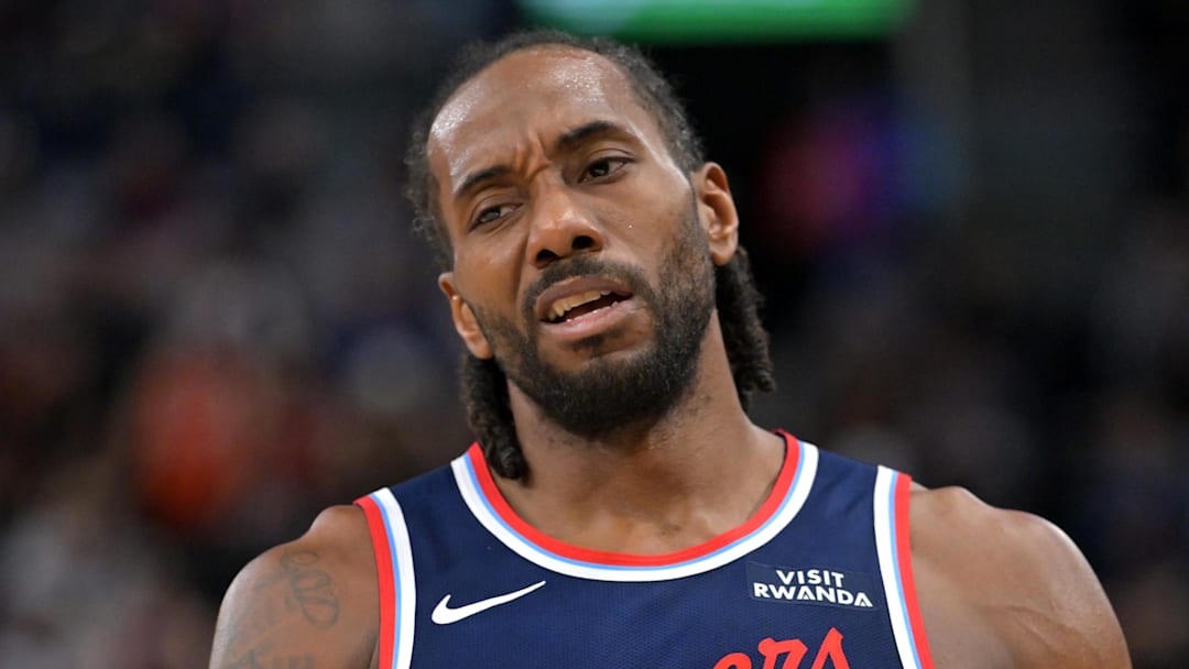 Apr 8, 2026; Inglewood, California, USA;  Los Angeles Clippers forward Kawhi Leonard (2) reacts after a missed basket in the second half against the Oklahoma City Thunder at Intuit Dome. Mandatory Credit: Jayne Kamin-Oncea-Imagn Images