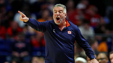 Mar 20, 2025; Lexington, KY, USA;  Auburn Tigers head coach Bruce Pearl calls to his team during the first half against the Alabama State Hornets in the first round of the NCAA Tournament at Rupp Arena. Mandatory Credit: Jordan Prather-Imagn Images