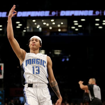 Nov 19, 2021; Brooklyn, New York, USA; Orlando Magic guard R.J. Hampton (13) reacts after a three point shot against the Brooklyn Nets during the second quarter at Barclays Center. Mandatory Credit: Brad Penner-Imagn Images