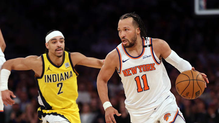 New York Knicks guard Jalen Brunson controls the ball against Indiana Pacers guard Andrew Nembhard. Mandatory Credit: Vincent Carchietta-Imagn Images New York Knicks guard Jalen Brunson controls the ball against Indiana Pacers guard Andrew Nembhard. Mandatory Credit: Vincent Carchietta-Imagn Images