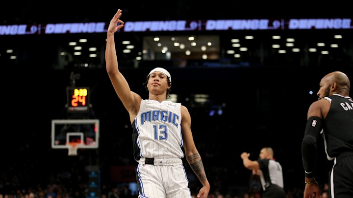 Nov 19, 2021; Brooklyn, New York, USA; Orlando Magic guard R.J. Hampton (13) reacts after a three point shot against the Brooklyn Nets during the second quarter at Barclays Center. Mandatory Credit: Brad Penner-Imagn Images