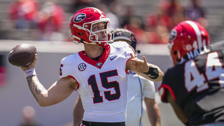 Apr 13, 2024; Athens, GA, USA; Georgia Bulldogs quarterback Carson Beck (15) passes the ball during the G-Day Game at Sanford Stadium. Mandatory Credit: Dale Zanine-USA TODAY Sports