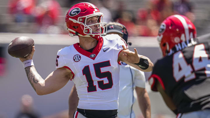 Apr 13, 2024; Athens, GA, USA; Georgia Bulldogs quarterback Carson Beck (15) passes the ball during the G-Day Game at Sanford Stadium.