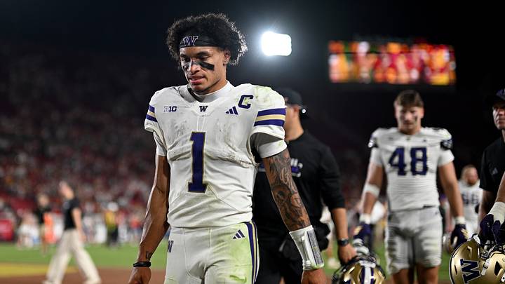 Oct 3, 2026; Los Angeles, California, USA;  Washington Huskies quarterback Demond Williams Jr. (1) walks off the field after a loss to the USC Trojans at United Airlines Field at Los Angeles Memorial Coliseum.  Mandatory Credit: Griffin Hooper-Imagn Images