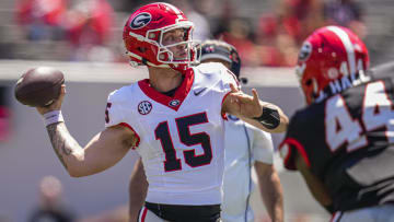 Apr 13, 2024; Athens, GA, USA; Georgia Bulldogs quarterback Carson Beck (15) passes the ball during the G-Day Game at Sanford Stadium. Mandatory Credit: Dale Zanine-USA TODAY Sports