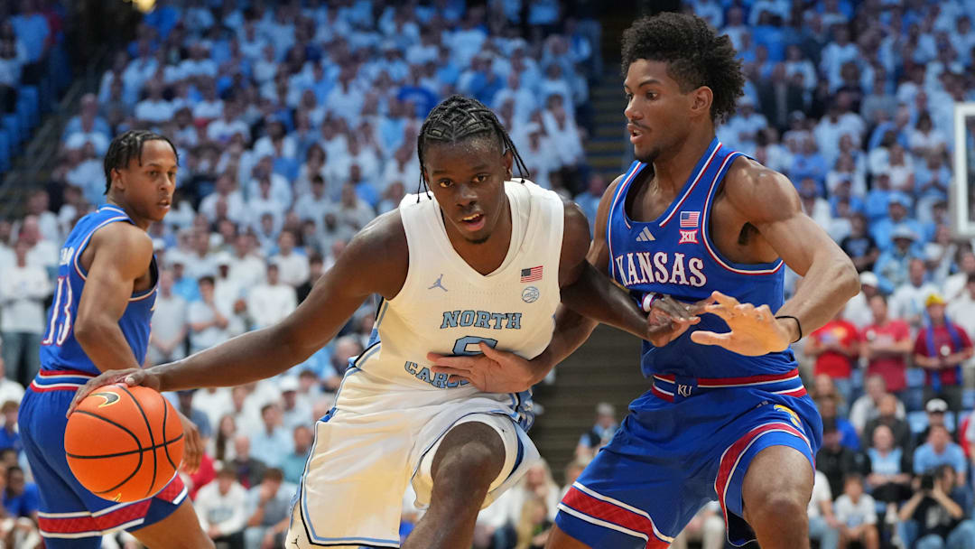 North Carolina forward Caleb Wilson goes against Kansas forward Samis Calderon during their game Friday.