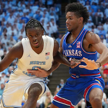 North Carolina forward Caleb Wilson goes against Kansas forward Samis Calderon during their game Friday.