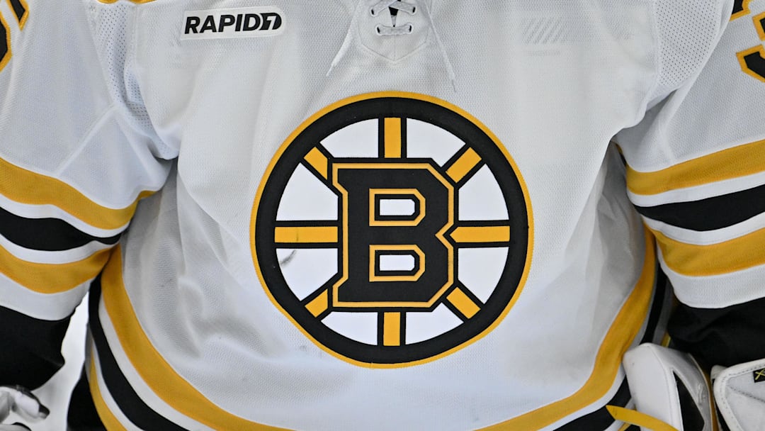 Feb 14, 2023; Dallas, Texas, USA; A view of the Boston Bruins logo during the game between the Dallas Stars and the Boston Bruins at American Airlines Center. Mandatory Credit: Jerome Miron-Imagn Images