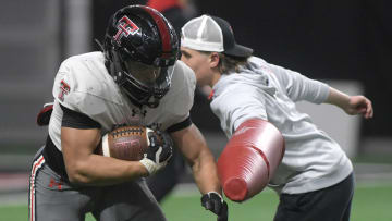 Texas Tech's Cameron Dickey does a drill during a spring practice, Tuesday, April 9, 2024, at the Sports Performance Center.