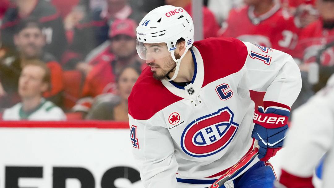May 21, 2026; Raleigh, North Carolina, USA; Montreal Canadiens center Nick Suzuki (14) skates against the Carolina Hurricanes during the third period in game one of the Eastern Conferene Final of the 2026 Stanley Cup Playoffs at Lenovo Center. Mandatory Credit: James Guillory-Imagn Images