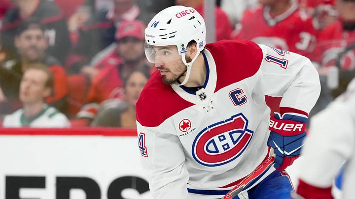 May 21, 2026; Raleigh, North Carolina, USA; Montreal Canadiens center Nick Suzuki (14) skates against the Carolina Hurricanes during the third period in game one of the Eastern Conferene Final of the 2026 Stanley Cup Playoffs at Lenovo Center. Mandatory Credit: James Guillory-Imagn Images