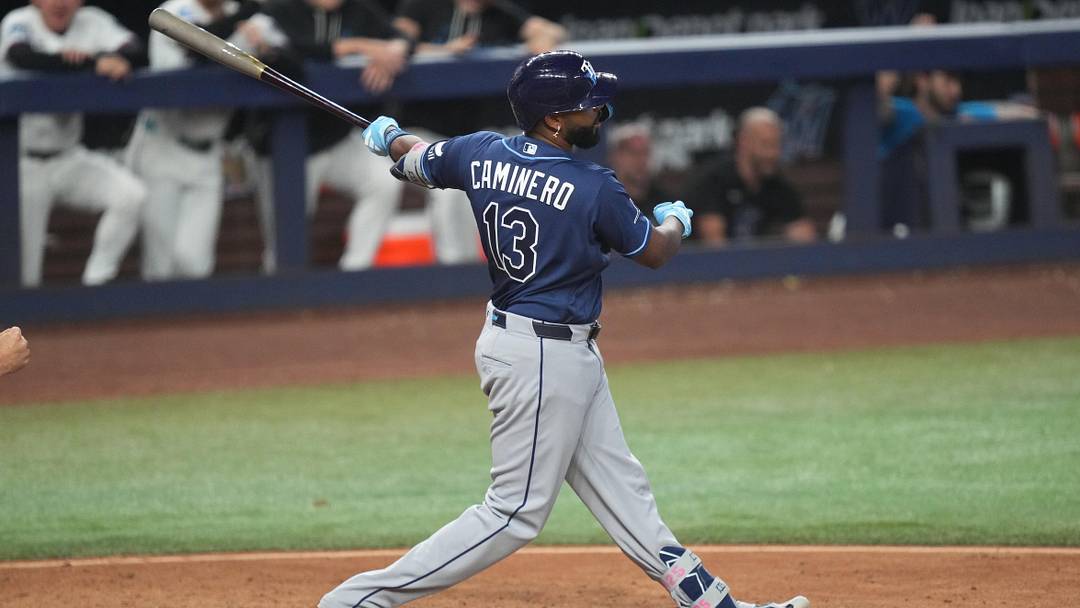 Jun 6, 2026; Miami, Florida, USA; Tampa Bay Rays third baseman Junior Caminero (13) strikes out to end the game against the Miami Marlins at loanDepot Park. Mandatory Credit: Jim Rassol-Imagn Images Jun 6, 2026; Miami, Florida, USA; Tampa Bay Rays third baseman Junior Caminero (13) strikes out to end the game against the Miami Marlins at loanDepot Park. Mandatory Credit: Jim Rassol-Imagn Images