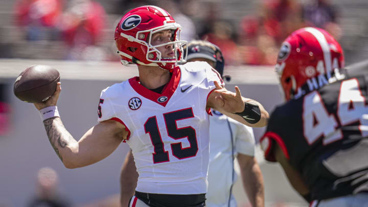 Apr 13, 2024; Athens, GA, USA; Georgia Bulldogs quarterback Carson Beck (15) passes the ball during the G-Day Game at Sanford Stadium. Mandatory Credit: Dale Zanine-USA TODAY Sports