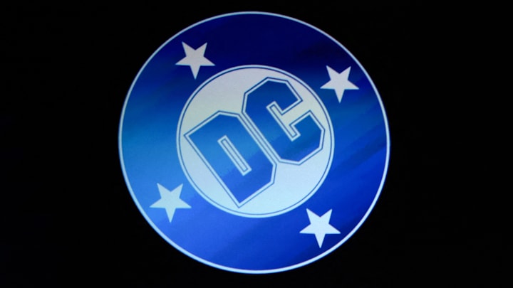 The DC Studios logo is displayed on screen during the CinemaCon 2025 Warner Bros Pictures presentation at The Colosseum at Caesars Palace in Las Vegas