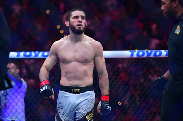 Islam Makhachev reacts after defeating Renato Moicano in a lightweight title fight during UFC 311 at Intuit Dome. 