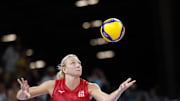 Jul 31, 2024; Paris, France; United States setter Jordyn Poulter (2) serves against Serbia in a pool A match during the Paris 2024 Olympic Summer Games at South Paris Arena 1. Mandatory Credit: Yukihito Taguchi-Imagn Images
