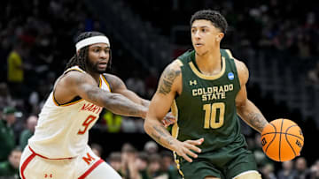 Mar 23, 2025; Seattle, WA, USA; Maryland Terrapins guard Selton Miguel (9) defends against Colorado State Rams guard Nique Clifford (10) in the first half at Climate Pledge Arena. Mandatory Credit: Stephen Brashear-Imagn Images