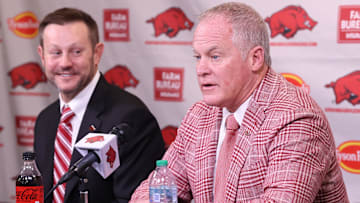 Dec 4, 2025; Fayetteville, AR, USA; Arkansas Razorbacks head coach Ryan Silverfield during his introductory press conference along with vice chancellor and director of athletics Hunter Yurachek at Frank Broyles Center. Mandatory  Credit: Nelson Chenault-Imagn Images
