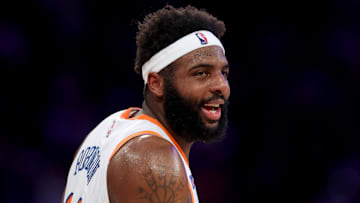 Apr 11, 2025; New York, New York, USA; New York Knicks center Mitchell Robinson (23) reacts during the first quarter against the Cleveland Cavaliers at Madison Square Garden. Mandatory Credit: Brad Penner-Imagn Images
