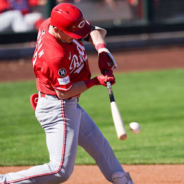 Cincinnati Reds Cooper Bowman (53) hits the ball in the fifth inning of a Cactus League game between the Cincinnati Reds and San Francisco Giants, Sunday, Feb. 23, 2025, at Scottsdale Stadium in Scottsdale, Ariz. Giants won 5-2.