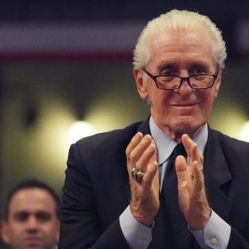 Mar 4, 2023; Miami, Florida, USA; Miami Heat president Pat Riley applauds Chris Bosh during a brief ceremony during the game between the Miami Heat and Atlanta Hawks at Miami-Dade Arena. Mandatory Credit: Jim Rassol-USA TODAY Sports