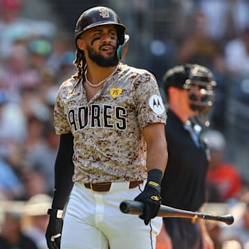 Sep 8, 2024; San Diego, California, USA; San Diego Padres right fielder Fernando Tatis Jr. (23) reacts after striking out during the seventh inning against the San Francisco Giants at Petco Park. 