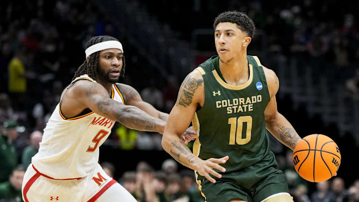 Mar 23, 2025; Seattle, WA, USA; Maryland Terrapins guard Selton Miguel (9) defends against Colorado State Rams guard Nique Clifford (10) in the first half at Climate Pledge Arena. Mandatory Credit: Stephen Brashear-Imagn Images