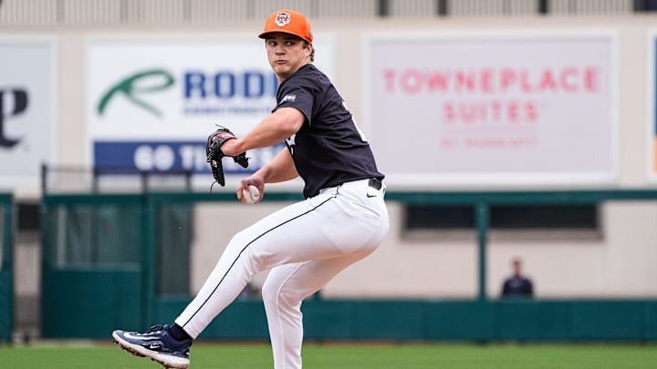 Detroit Tigers pitcher Jackson Jobe throws at batting practice during spring training at Joker Marchant Stadium in Lakeland, Fla. on Thursday, Feb. 20, 2025.